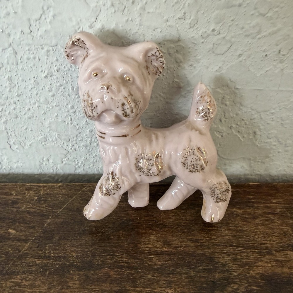 Vintage Pink Porcelain Dog Terrier Poodle Gold Accents Japan Miniature‎ Trinket